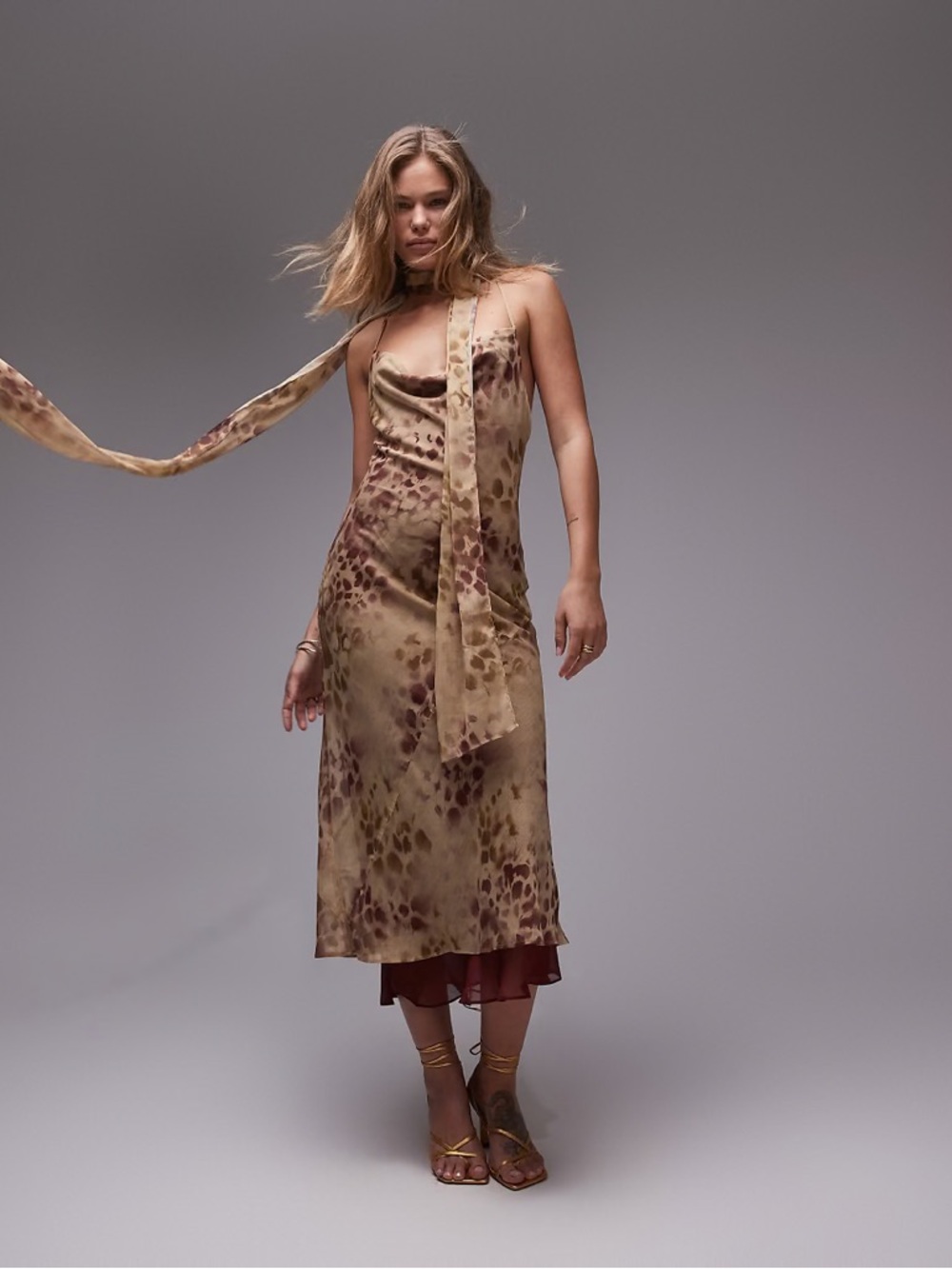 Topshop Satin Slip Dress NWT Size 0 Brown Leopard Midi Cowl Neck